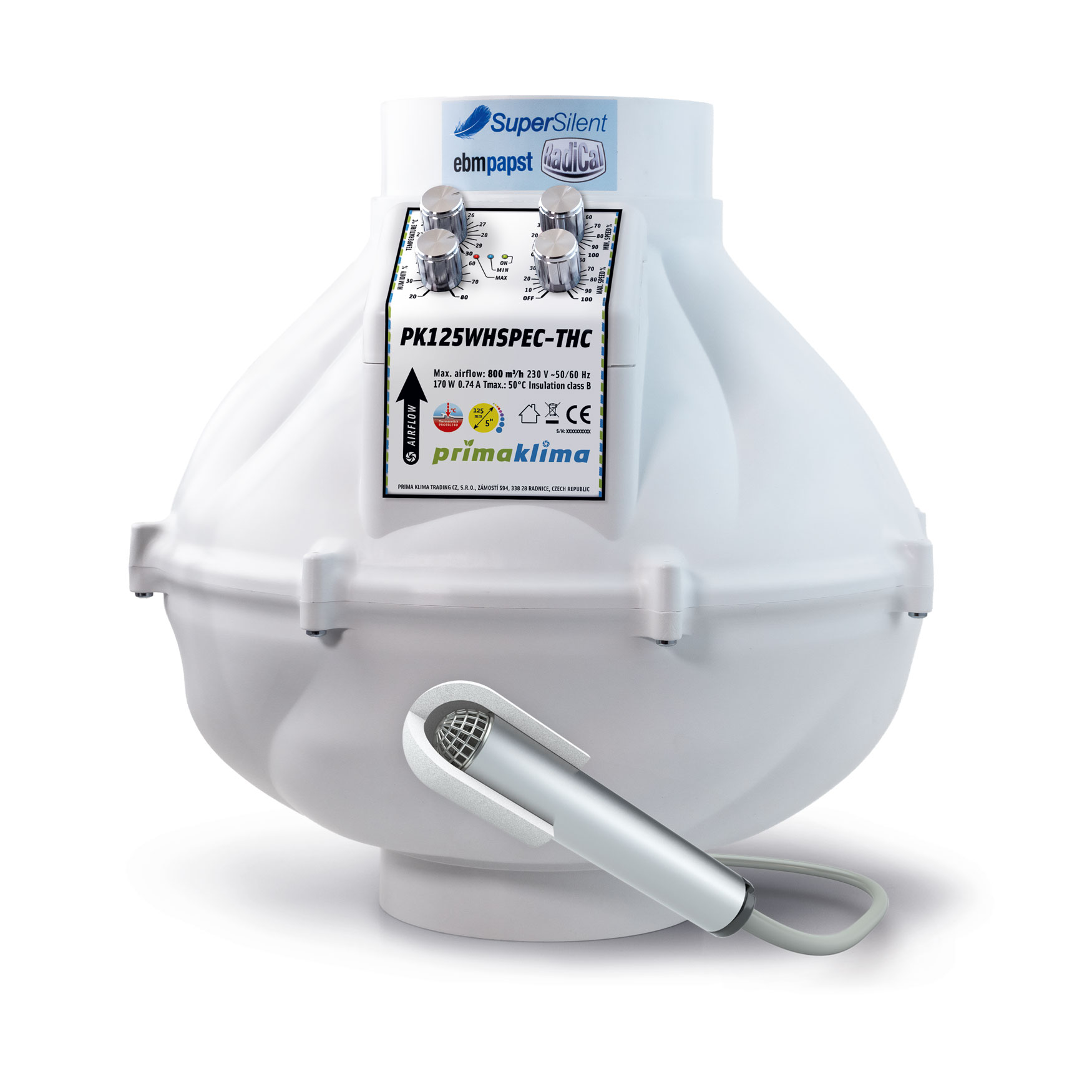 Ventilador en línea silencioso WhisperBlower con motor EC ebm-papst y control de temperatura, humedad y velocidad. Boca de Ø125 mm, caudal máximo de 800 m³/h, potencia de 170 W y alimentación de 230 V, 50/60 Hz.