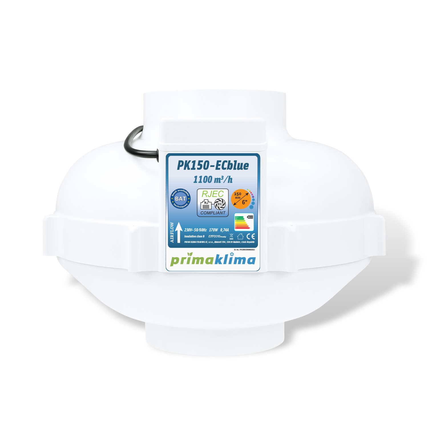 Ventilador en línea ECblue con motor EC ebm-papst e interfaz RJ45 para control externo. Boca de Ø150 mm, caudal máximo de 1.100 m³/h, potencia de 0 a 170 W y alimentación de 230 V, 50/60 Hz, 0,74 A.
