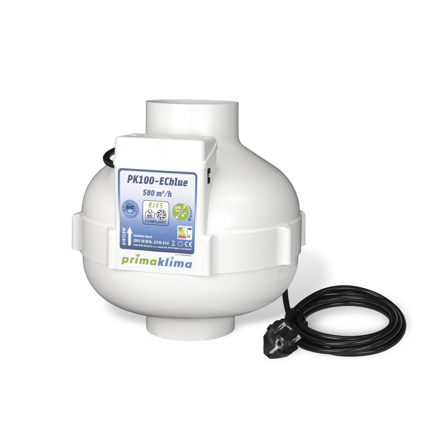 Ventilador en línea ECblue con motor EC ebm-papst e interfaz RJ45 para control externo. Boca de Ø100 mm, caudal máximo de 580 m³/h, potencia de 0 a 115 W y alimentación de 230 V, 50/60 Hz, 0,5 A.