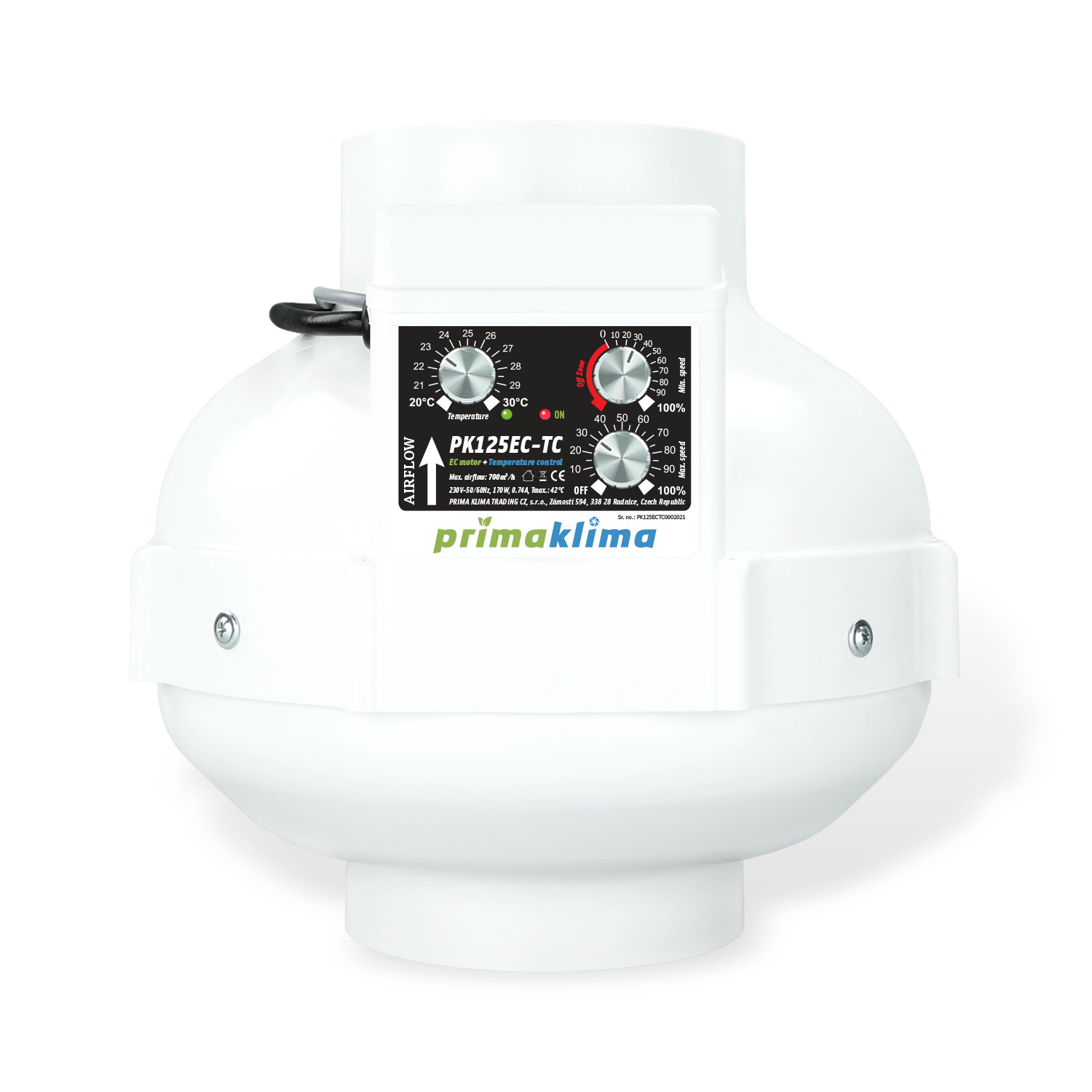 Ventilador en línea EC con motor ebm-papst y control ajustable de temperatura y velocidad. Boca de Ø125 mm, caudal máximo de 680 m³/h, potencia de 0 a 170 W y alimentación de 230 V, 50/60 Hz, 0,74 A.