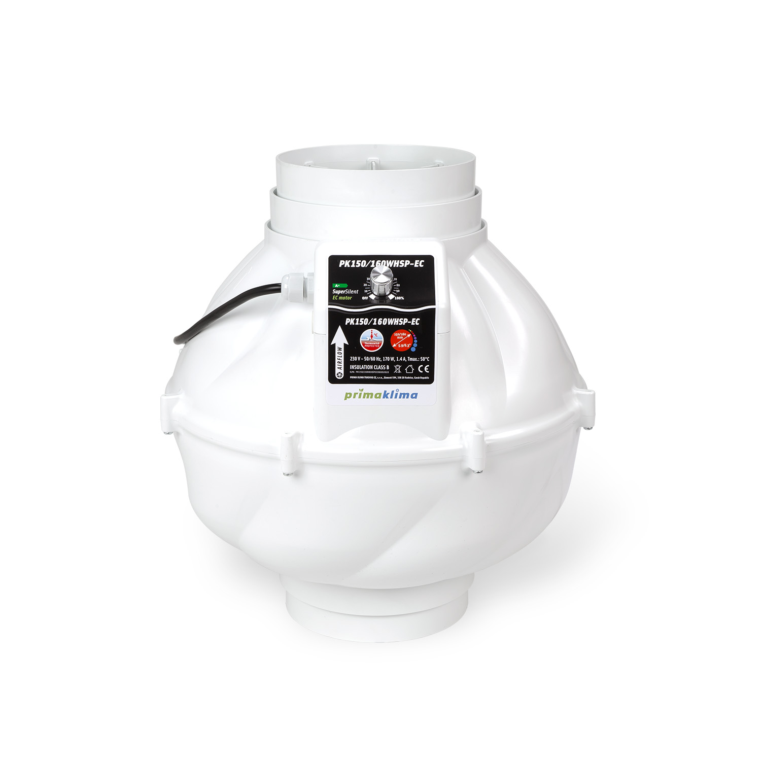 Ventilador en línea silencioso WhisperBlower con motor EC ebm-papst y doble boca de Ø150/160 mm. Caudal máximo de 1.400 m³/h, potencia de 170 W y alimentación de 230 V, 50/60 Hz. Diseño aerodinámico y carcasa de poliamida resistente a impactos.
