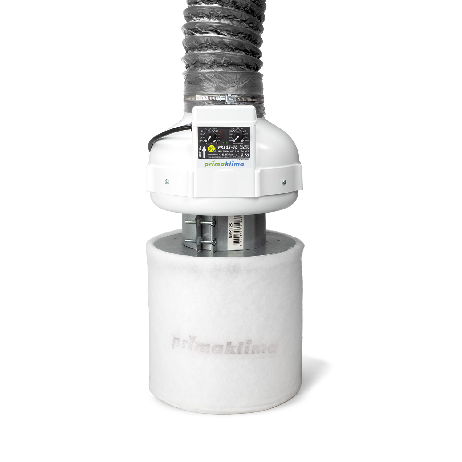 Conjunto de ventilación Prima Klima con ventilador PK125-TC con control de temperatura y caudal de hasta 400 m³/h. Incluye filtro de carbón activo K2601-flat-125, tubo flexible de 127 mm y 3 m, manguito conector de 125 mm y abrazadera metálica de 60-135 mm.