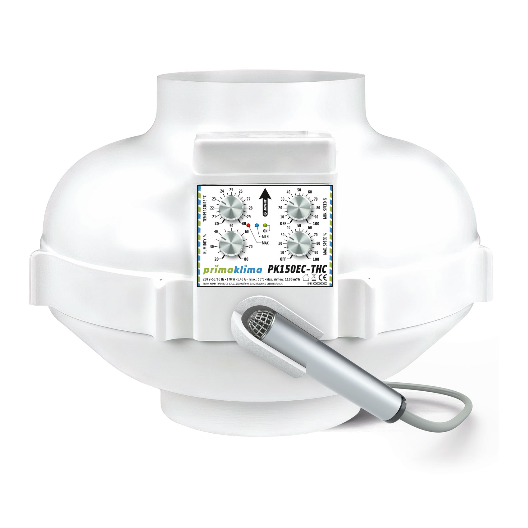 Ventilador en línea EC con motor ebm-papst y control ajustable de temperatura, humedad y velocidad. Boca de Ø150 mm, caudal máximo de 1.100 m³/h, potencia de 0 a 170 W y alimentación de 230 V, 50/60 Hz, 0,74 A.
