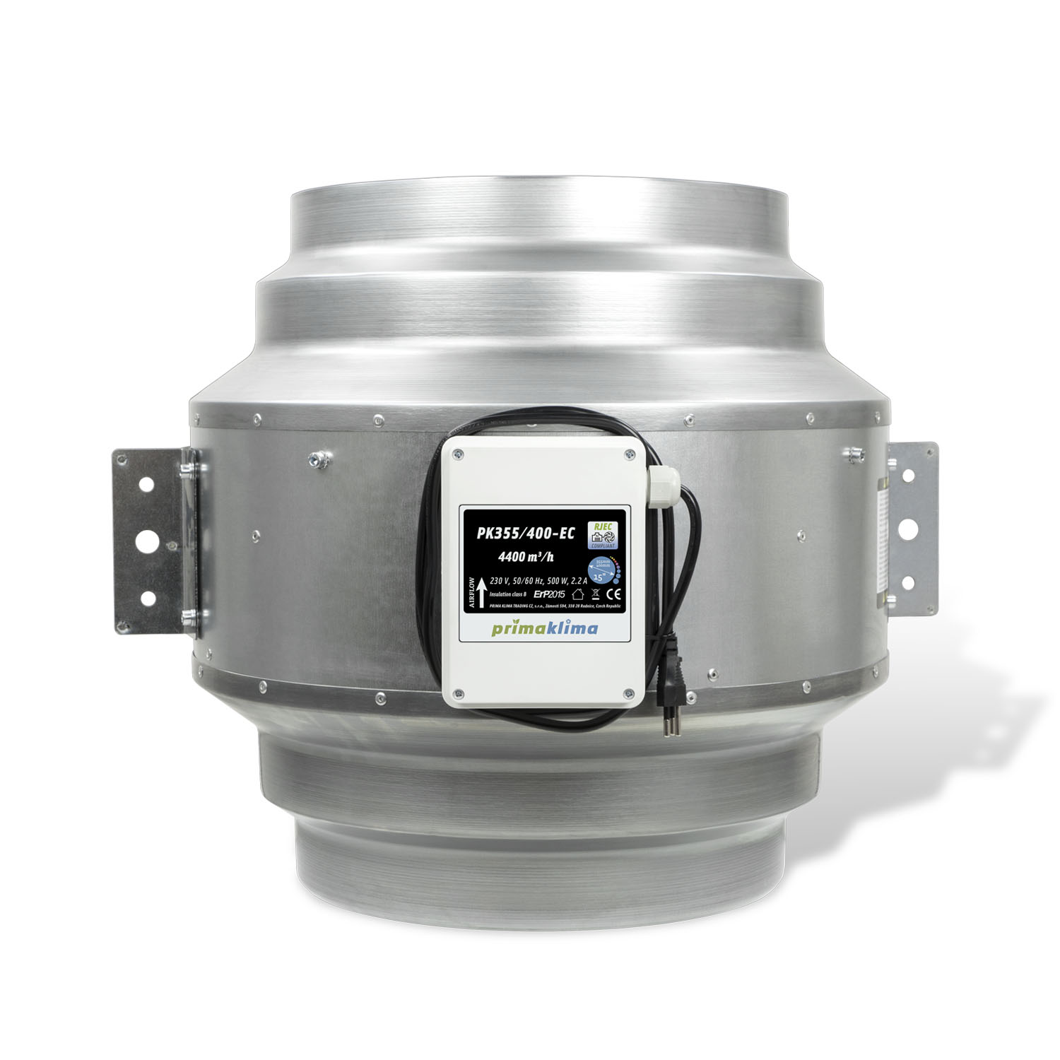 Extractor industrial Prima Klima BlueLine PK355/400-EC con motor EC ebm-papst y conexión RJ45.