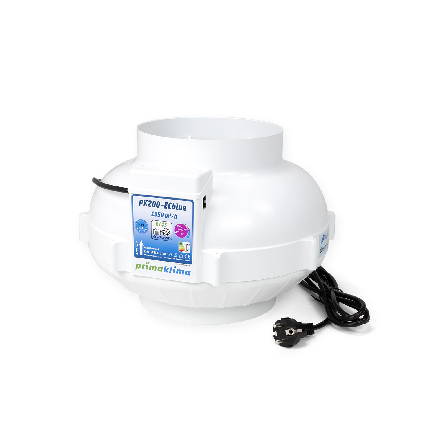 Ventilador en línea ECblue con motor EC ebm-papst e interfaz RJ45 para control externo. Boca de Ø200 mm, caudal máximo de 1.350 m³/h, potencia de 170 W y alimentación de 230 V, 50/60 Hz, 1,4 A.