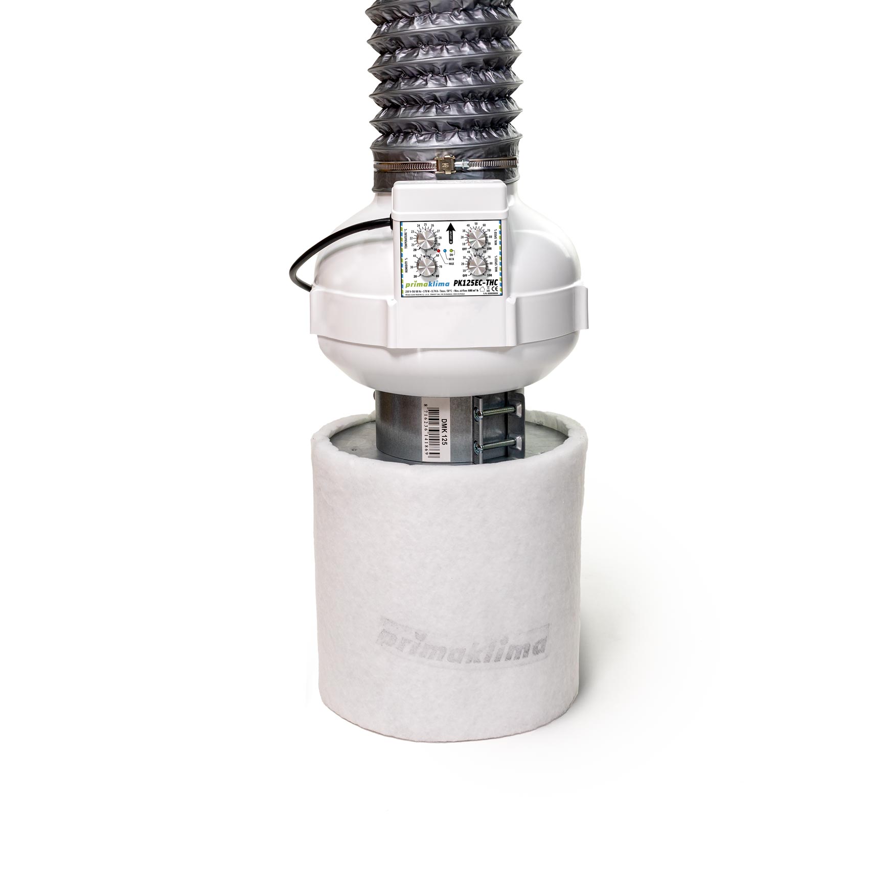 Kit de ventilación Prima Klima PKVS-125EC-THC con extractor, filtro de carbón y tubo flexible.