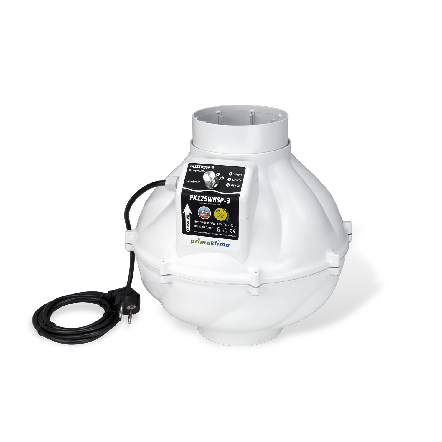 Ventilador en línea silencioso WhisperBlower con motor AC ebm-papst y tres velocidades: 300, 420 y 530 m³/h. Boca de Ø125 mm, caudal máximo de 530 m³/h, potencia de 57 W y alimentación de 230 V, 50/60 Hz.