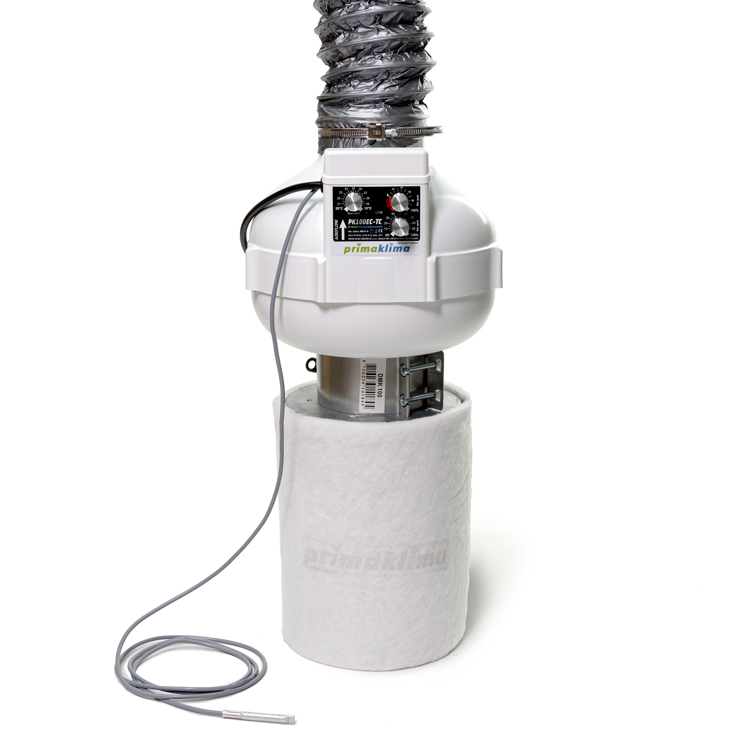 Conjunto de ventilación Prima Klima con ventilador PK100EC-TC con control de temperatura y caudal de hasta 580 m³/h. Incluye filtro de carbón activo K2600-100, tubo flexible de 102 mm y 3 m, manguito conector de 100 mm y abrazadera metálica de 60-135 mm.