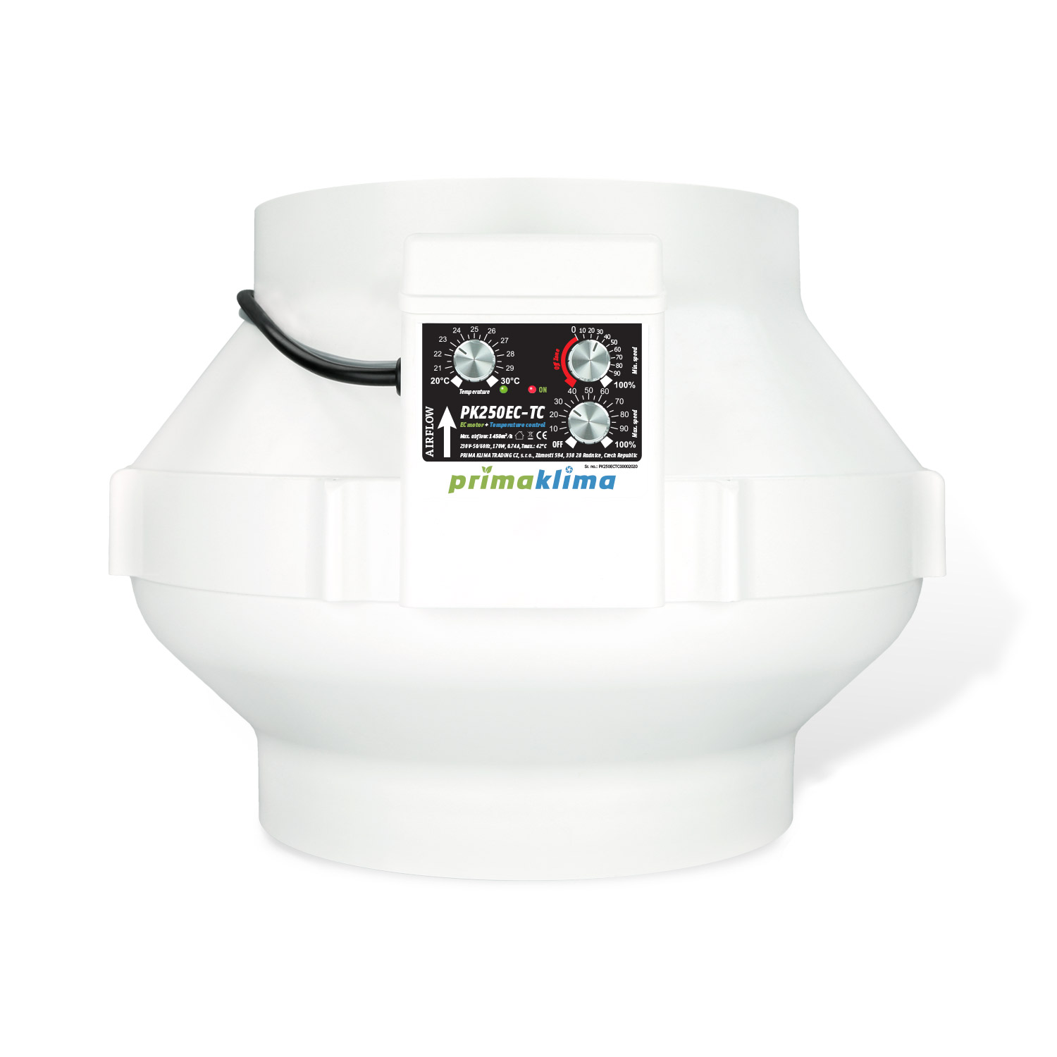 Ventilador en línea EC con motor ebm-papst y control ajustable de temperatura y velocidad. Boca de Ø250 mm, caudal máximo de 1.450 m³/h, potencia de 0 a 170 W y alimentación de 230 V, 50/60 Hz, 0,74 A.