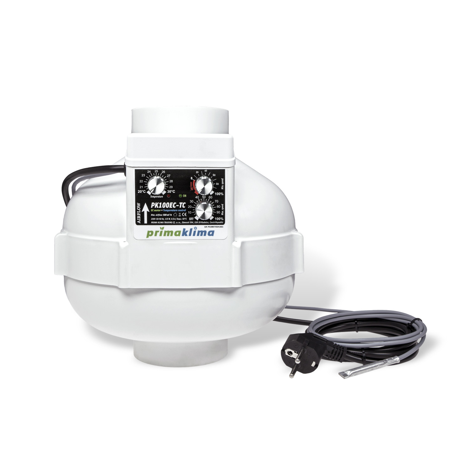 Ventilador en línea EC con motor ebm-papst y control ajustable de temperatura y velocidad. Boca de Ø100 mm, caudal máximo de 580 m³/h, potencia de 0 a 115 W y alimentación de 230 V, 50/60 Hz, 0,5 A.