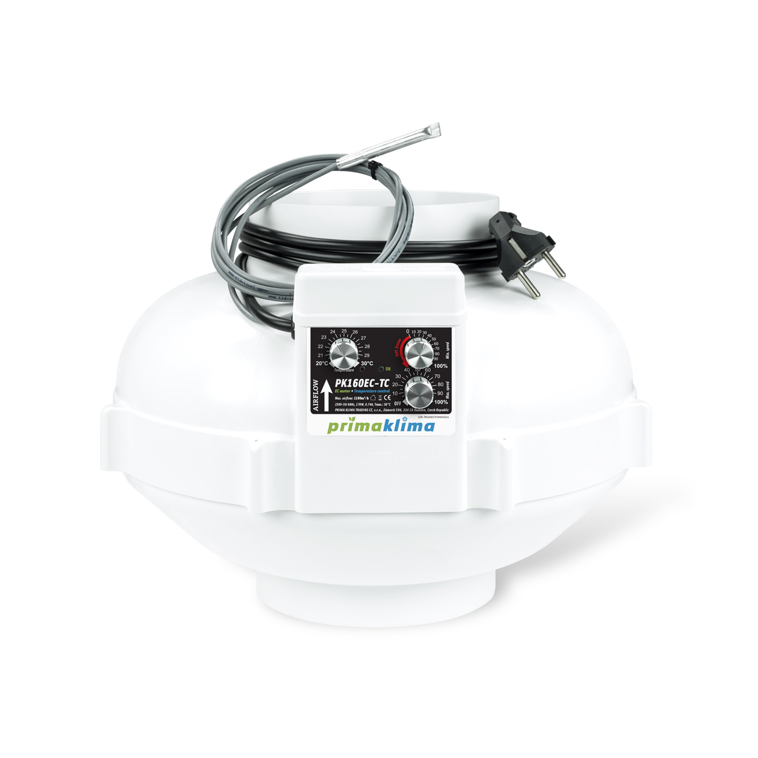 Ventilador en línea EC con motor ebm-papst y control ajustable de temperatura y velocidad. Boca de Ø160 mm, caudal máximo de 1.180 m³/h, potencia de 0 a 170 W y alimentación de 230 V, 50/60 Hz, 0,74 A.