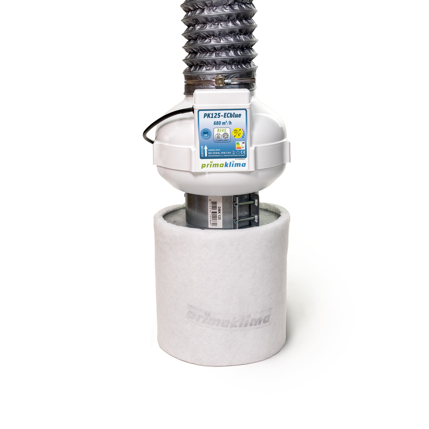 Conjunto de ventilación Prima Klima con ventilador PK125-ECblue, interfaz RJ45 y caudal de hasta 680 m³/h. Incluye filtro de carbón activo K2601-flat-125, tubo flexible de 127 mm y 3 m, manguito conector de 125 mm y abrazadera metálica de 60-135 mm.