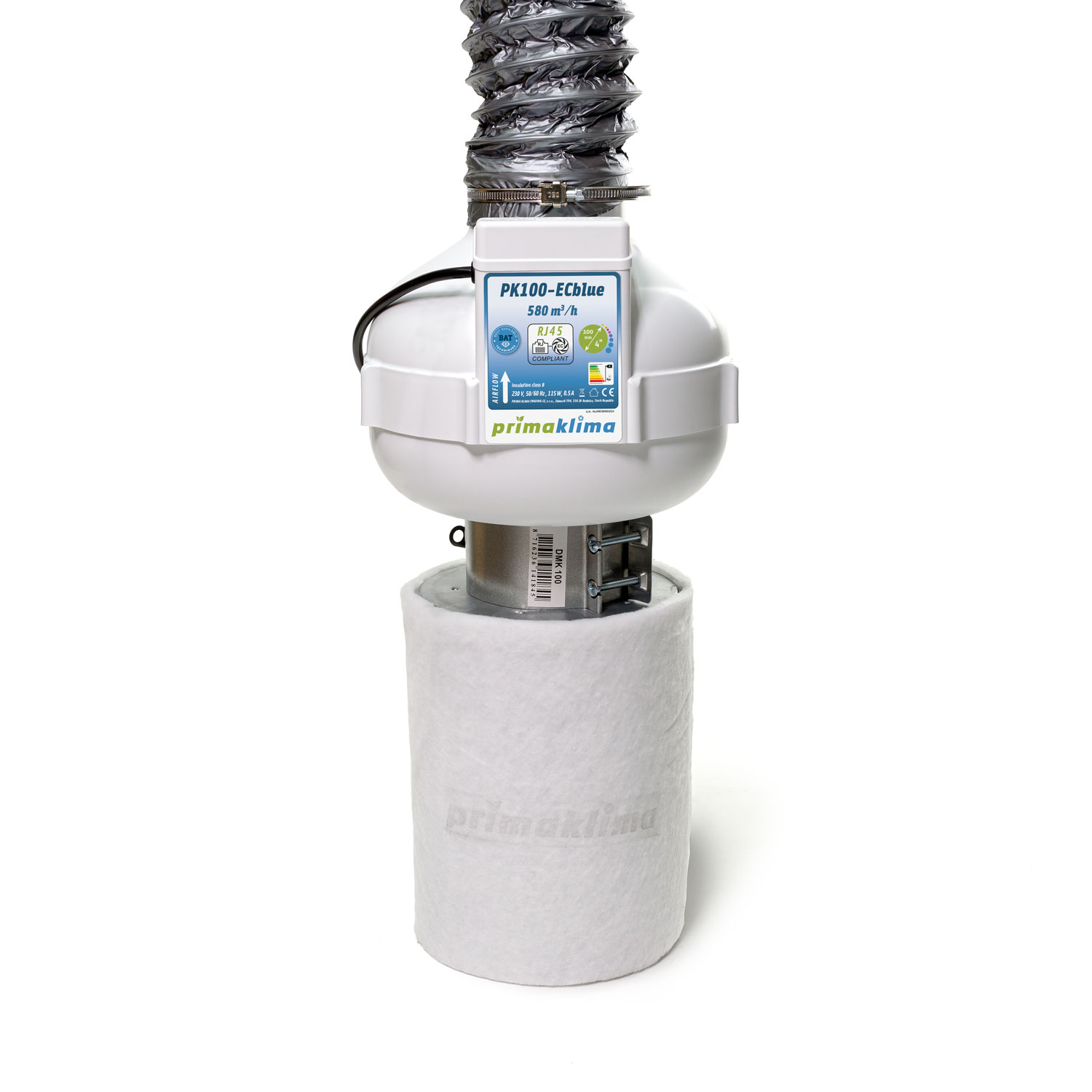 Conjunto de ventilación Prima Klima con ventilador PK100-ECblue, interfaz RJ45 y caudal de hasta 580 m³/h. Incluye filtro de carbón activo K2600-100, tubo flexible de 102 mm y 3 m, manguito conector de 100 mm y abrazadera metálica de 60-135 mm.