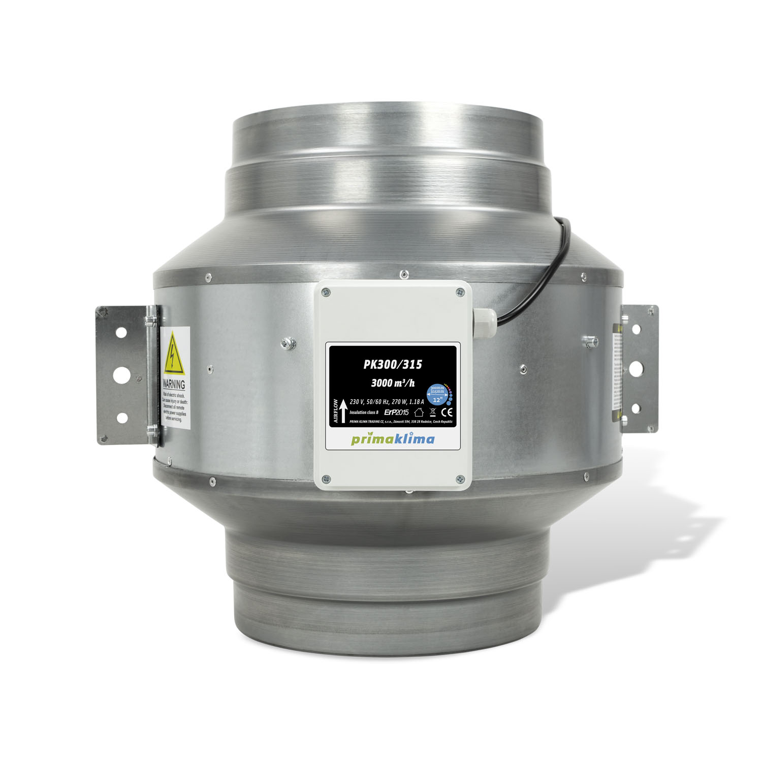 Ventilador en línea BLUE LINE con motor AC ebm-papst, doble boca de Ø300/315 mm y velocidad regulable. Caudal máximo de 3.000 m³/h, potencia de 270 W y alimentación de 230 V, 50/60 Hz, 1,18 A. Diseñado para funcionamiento continuo.