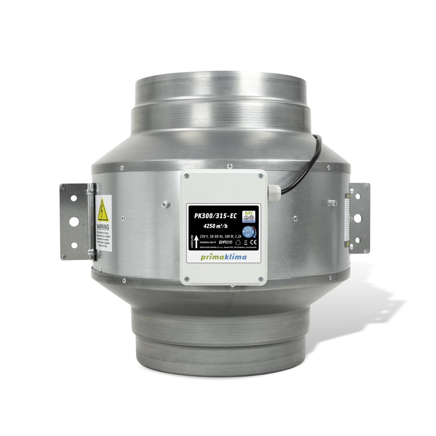 Ventilador en línea BLUE LINE con motor EC ebm-papst, interfaz RJ45, velocidad regulable y doble boca de Ø300/315 mm. Caudal máximo de 4.250 m³/h, potencia de 500 W y alimentación de 230 V, 50/60 Hz, 2,2 A. Diseñado para funcionamiento continuo.