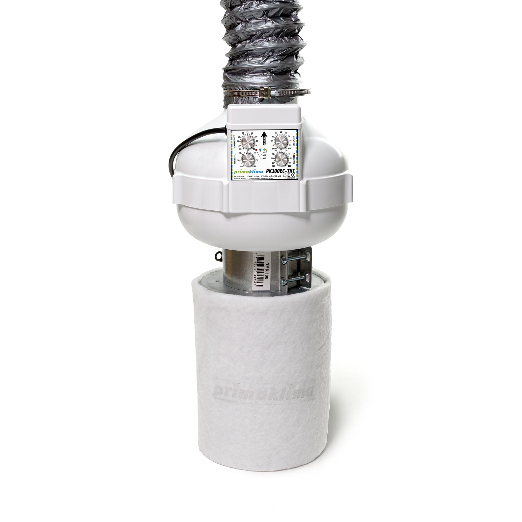 Conjunto de ventilación Prima Klima con ventilador PK100EC-THC con control de temperatura y humedad y caudal de hasta 580 m³/h. Incluye filtro de carbón activo K2600-100, tubo flexible de 102 mm y 3 m, manguito conector de 100 mm y abrazadera metálica de 60-135 mm.