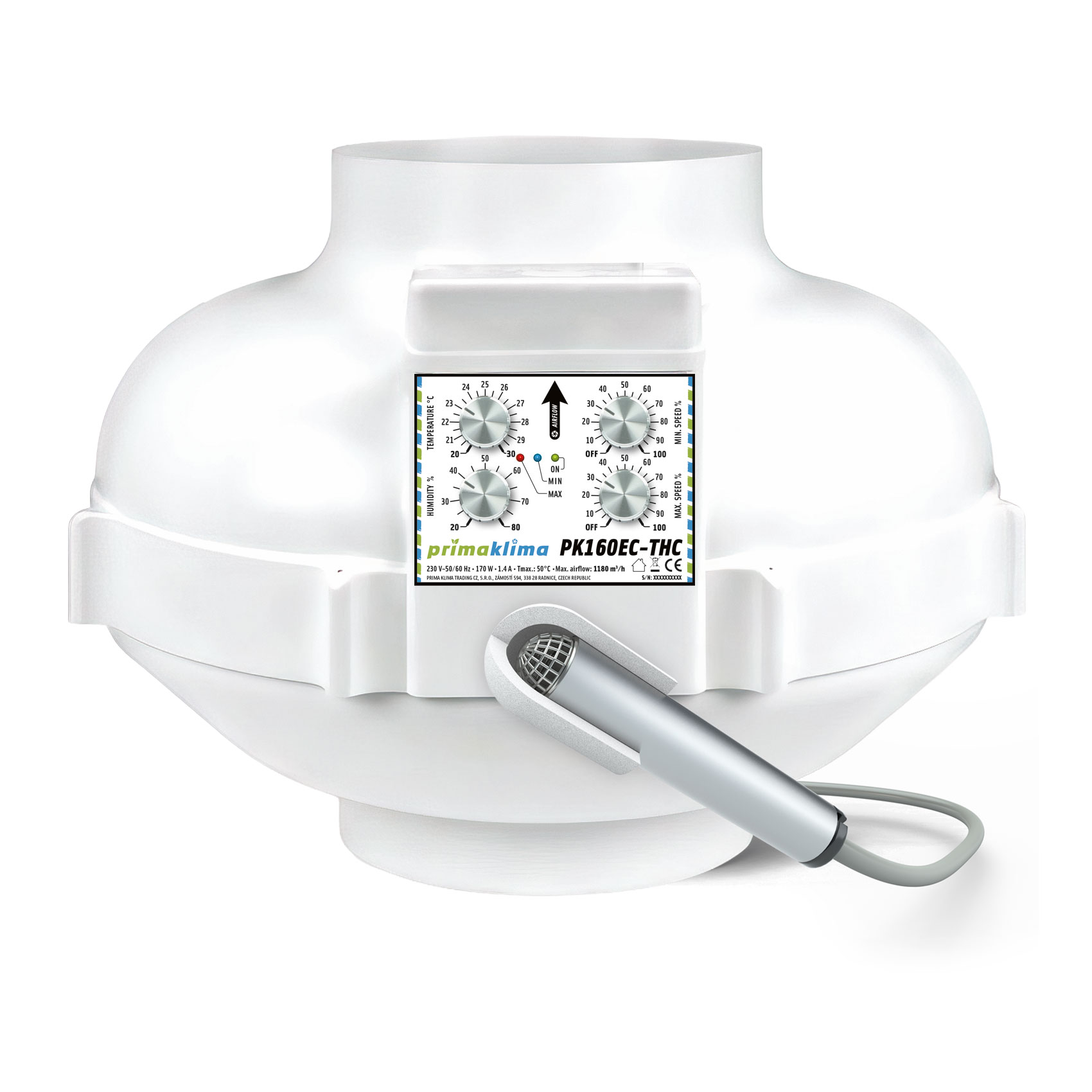 Ventilador en línea EC con motor ebm-papst y control ajustable de temperatura, humedad y velocidad. Boca de Ø160 mm, caudal máximo de 1.180 m³/h, potencia de 0 a 170 W y alimentación de 230 V, 50/60 Hz, 0,74 A.