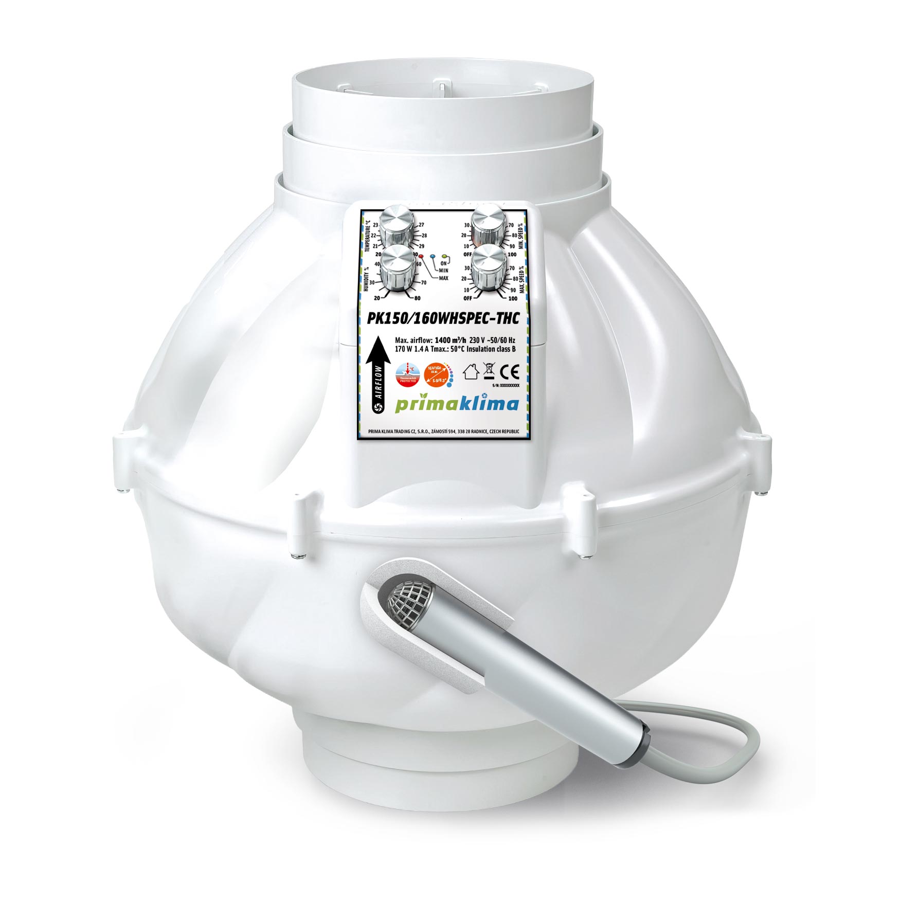 Ventilador en línea silencioso WhisperBlower con motor EC ebm-papst, control de temperatura, humedad y velocidad, y doble boca de Ø150/160 mm. Caudal máximo de 1.400 m³/h, potencia de 170 W y alimentación de 230 V, 50/60 Hz.