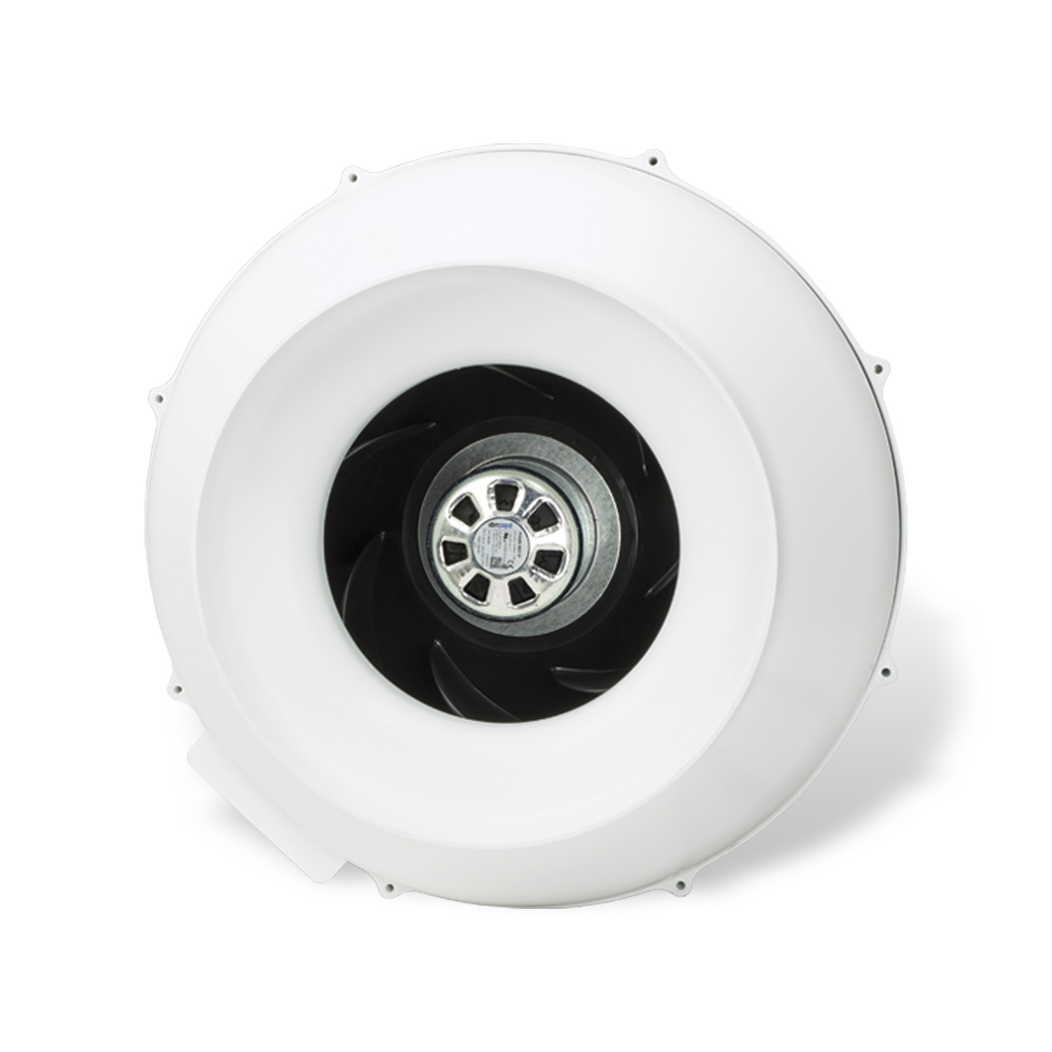 Ventilador en línea ECblue con motor EC ebm-papst e interfaz RJ45 para control externo. Boca de Ø250 mm, caudal máximo de 1.450 m³/h, potencia de 0 a 170 W y alimentación de 230 V, 50/60 Hz, 0,74 A.