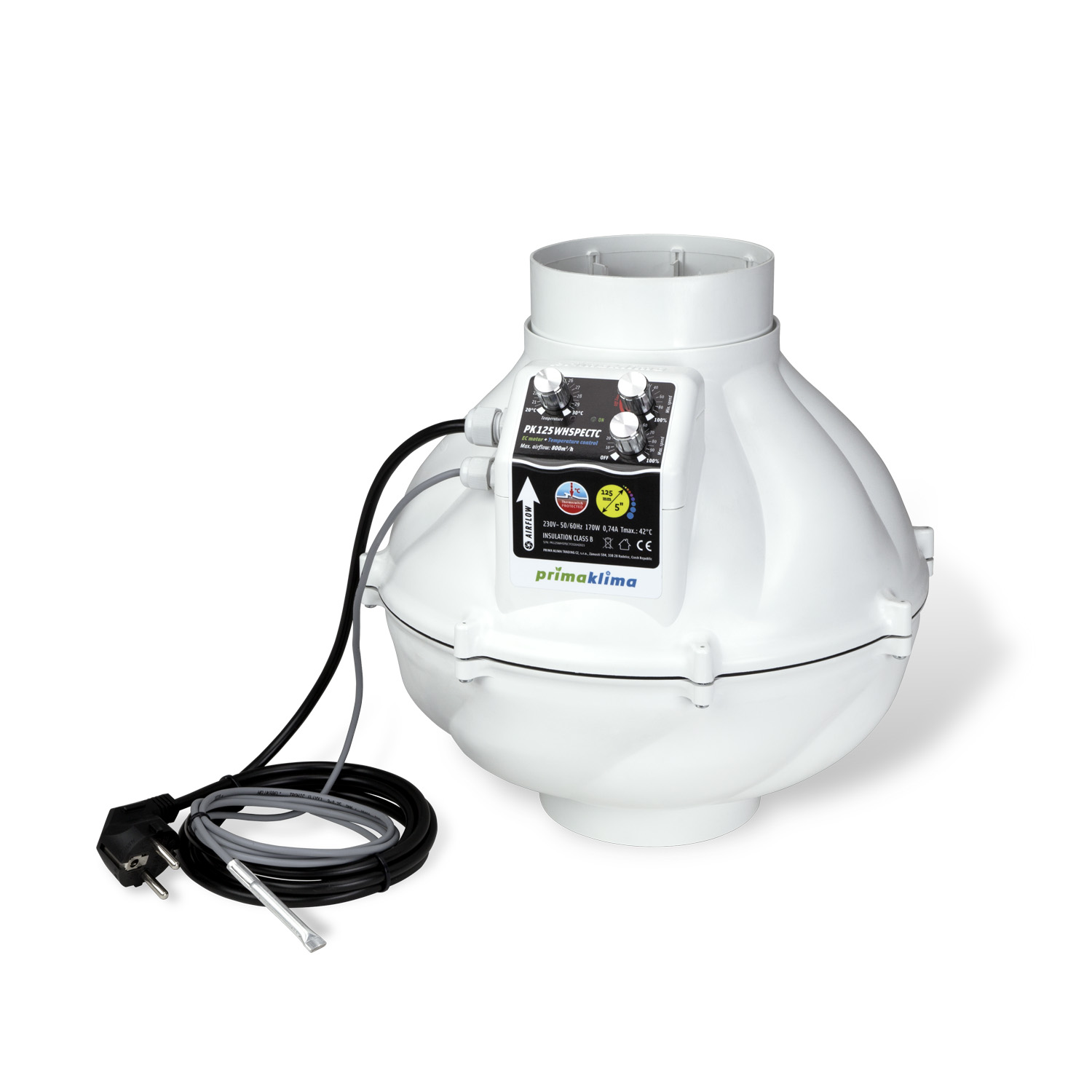 Ventilador en línea silencioso WhisperBlower con motor EC ebm-papst y control de temperatura. Boca de Ø125 mm, caudal máximo de 800 m³/h, potencia de 170 W y alimentación de 230 V, 50/60 Hz.