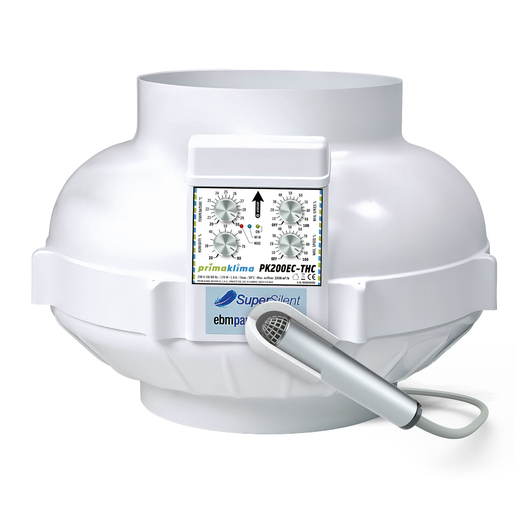 Ventilador en línea EC con motor ebm-papst y control ajustable de temperatura, humedad y velocidad. Boca de Ø200 mm, caudal máximo de 1.350 m³/h, potencia de 0 a 170 W y alimentación de 230 V, 50/60 Hz, 1,4 A.