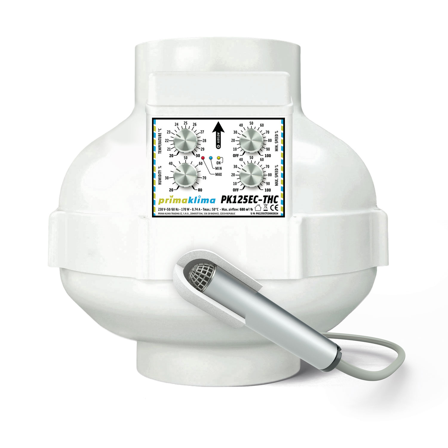 Ventilador en línea EC con motor ebm-papst y control ajustable de temperatura, humedad y velocidad. Boca de Ø125 mm, caudal máximo de 680 m³/h, potencia de 0 a 170 W y alimentación de 230 V, 50/60 Hz, 0,74 A.