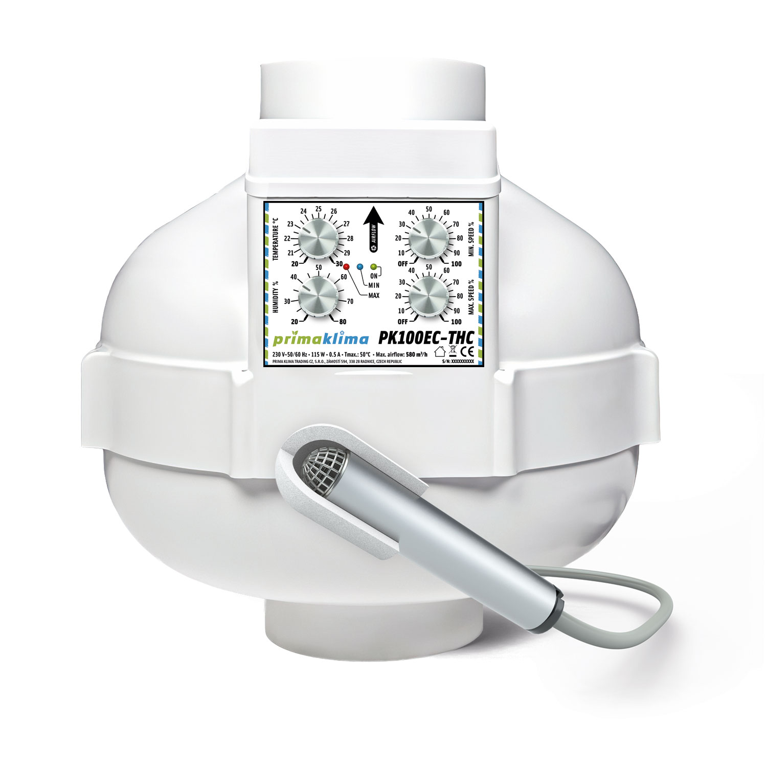 Ventilador en línea EC con motor ebm-papst y control ajustable de temperatura, humedad y velocidad. Boca de Ø100 mm, caudal máximo de 580 m³/h, potencia de 0 a 115 W y alimentación de 230 V, 50/60 Hz, 0,5 A.