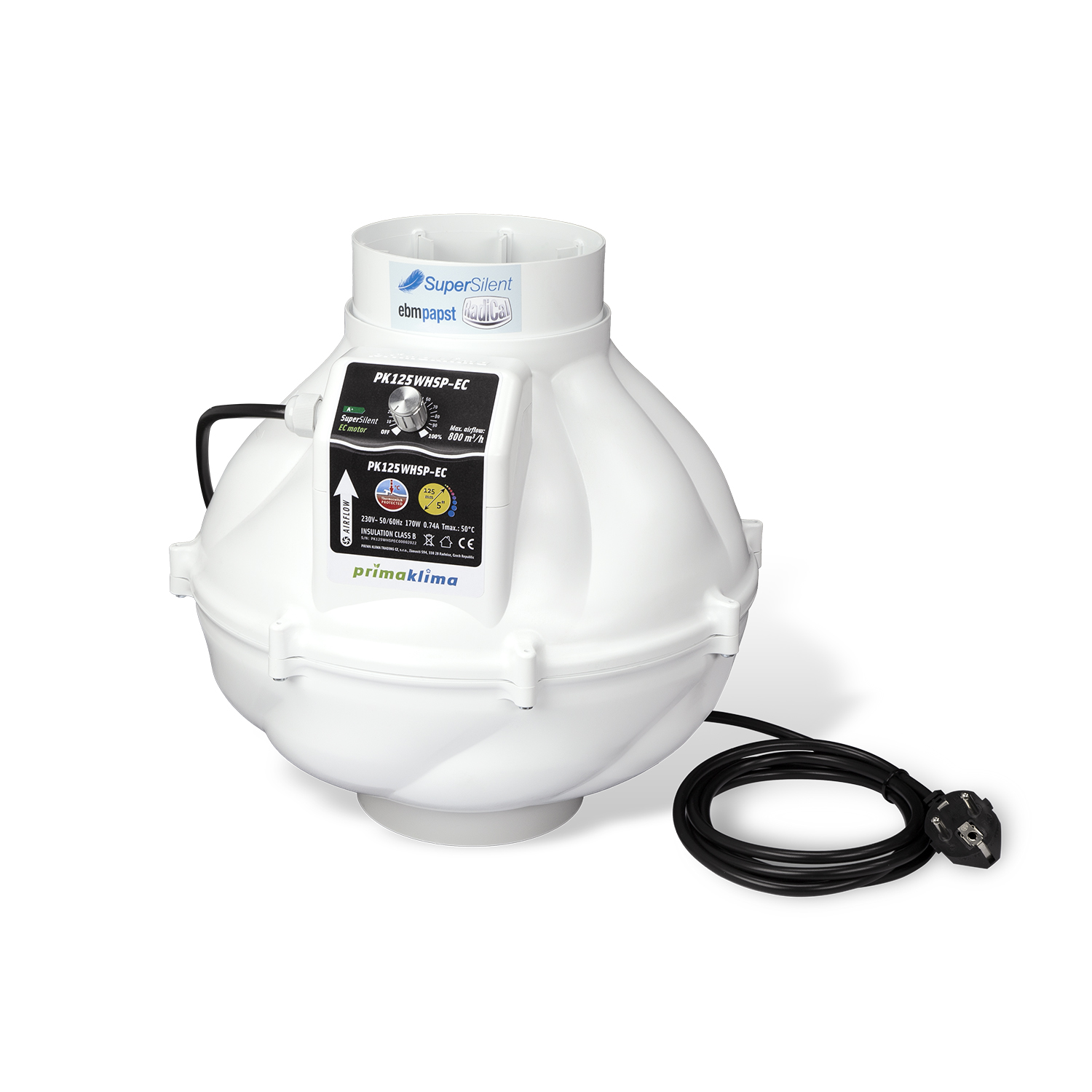 Ventilador en línea silencioso WhisperBlower con motor EC ebm-papst. Boca de Ø125 mm, caudal máximo de 800 m³/h, potencia de 170 W y alimentación de 230 V, 50/60 Hz. Carcasa de poliamida resistente a impactos y diseño aerodinámicamente optimizado.