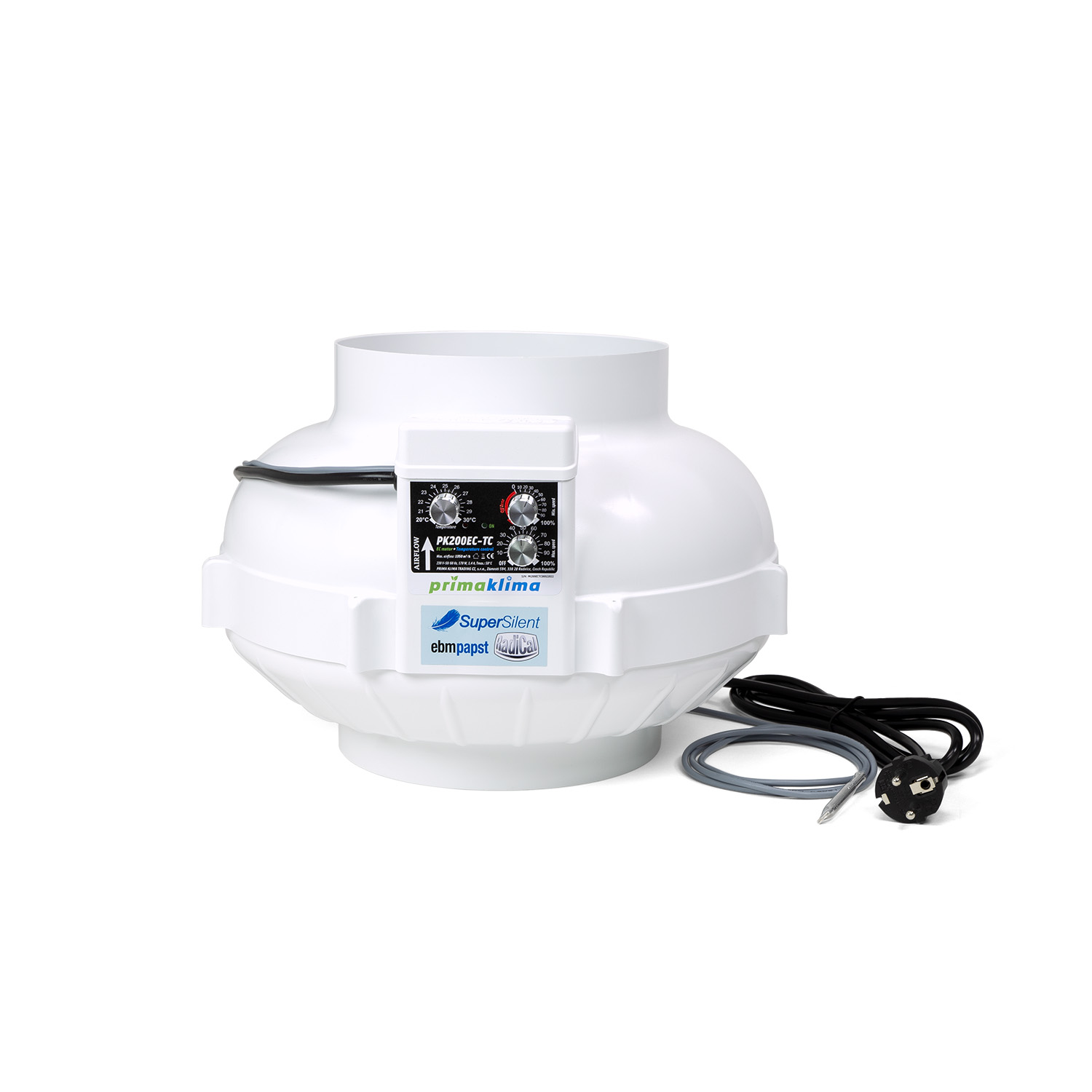 Ventilador en línea EC con motor ebm-papst y control ajustable de temperatura y velocidad. Boca de Ø200 mm, caudal máximo de 1.350 m³/h, potencia de 0 a 170 W y alimentación de 230 V, 50/60 Hz, 1,4 A.