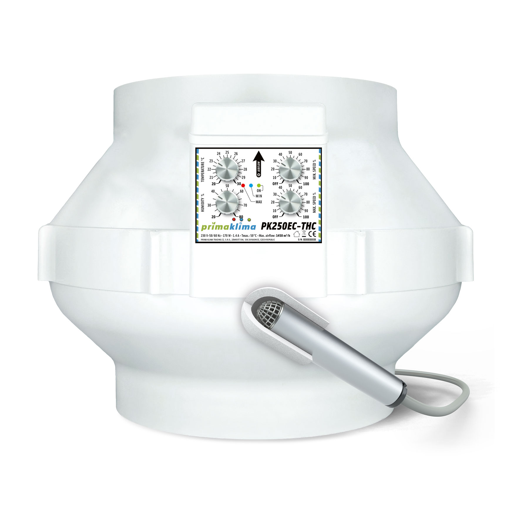 Ventilador en línea Prima Klima PK250EC-THC con motor EC ebm-papst y control de temperatura, humedad y velocidad.