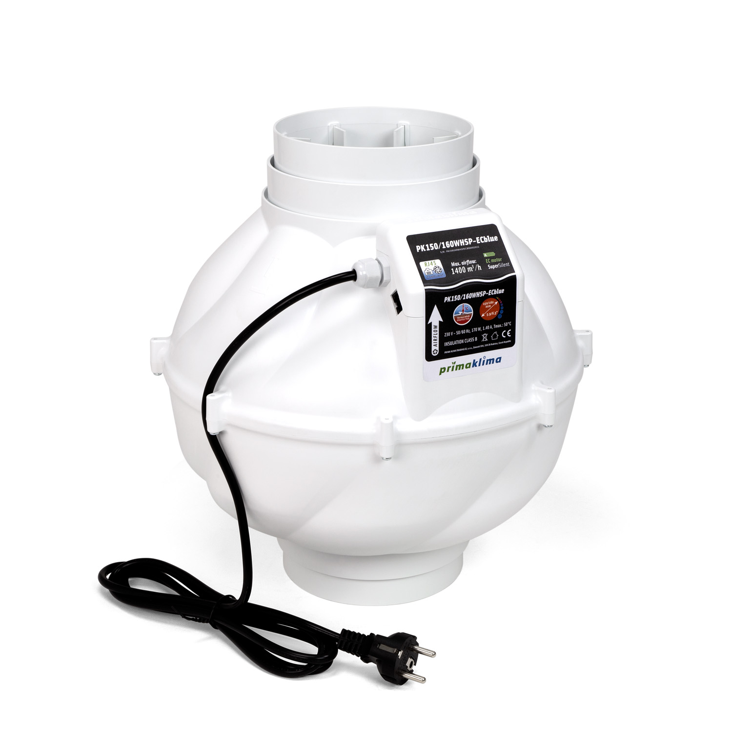 Ventilador en línea silencioso WhisperBlower ECblue con motor EC ebm-papst, interfaz RJ45 para control externo y doble boca de Ø150/160 mm. Caudal máximo de 1.400 m³/h, potencia de 170 W y alimentación de 230 V, 50/60 Hz.