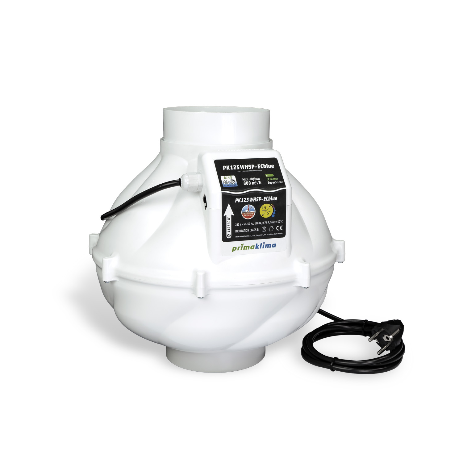 Ventilador en línea silencioso WhisperBlower ECblue con motor EC ebm-papst e interfaz RJ45 para control externo. Boca de Ø125 mm, caudal máximo de 800 m³/h, potencia de 170 W y alimentación de 230 V, 50/60 Hz.