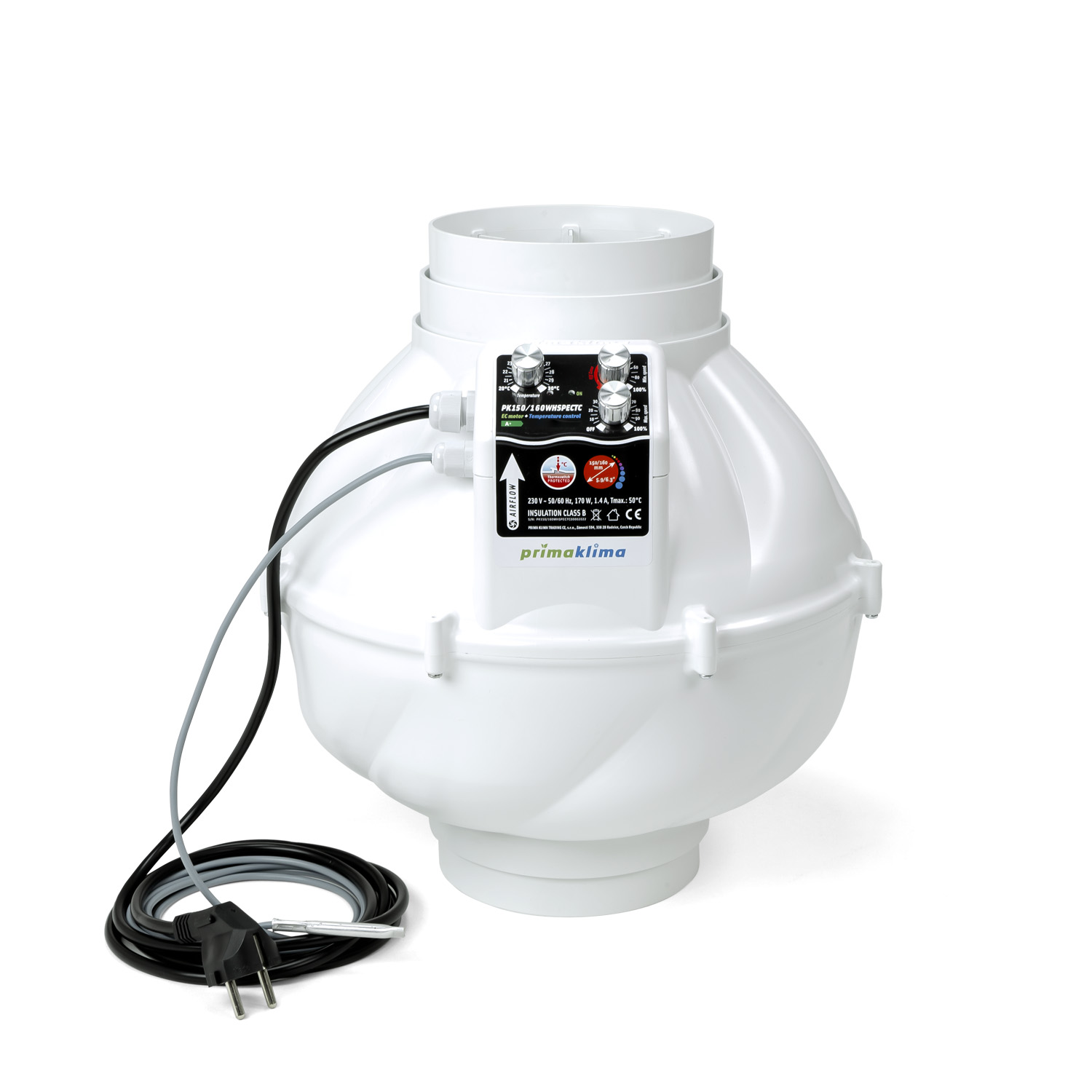 Ventilador en línea silencioso WhisperBlower con motor EC ebm-papst, control de temperatura y doble boca de Ø150/160 mm. Caudal máximo de 1.400 m³/h, potencia de 170 W y alimentación de 230 V, 50/60 Hz.