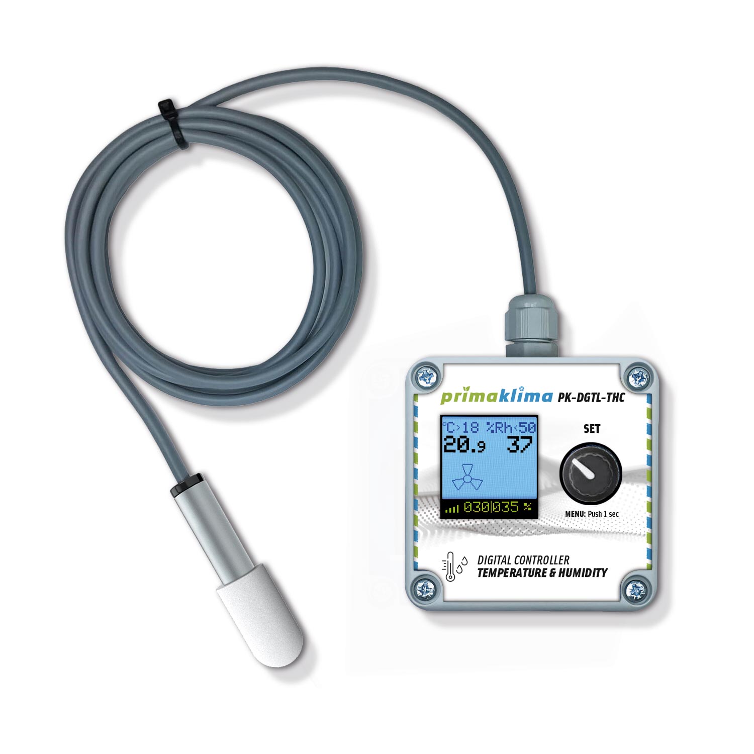 Controlador digital profesional de dos canales con interfaz RJ45 para ventiladores Prima Klima compatibles. Permite controlar temperatura y humedad, ajustar las velocidades mínima y máxima y seleccionar el modo automático o manual. El cable RJ45 no está incluido.
