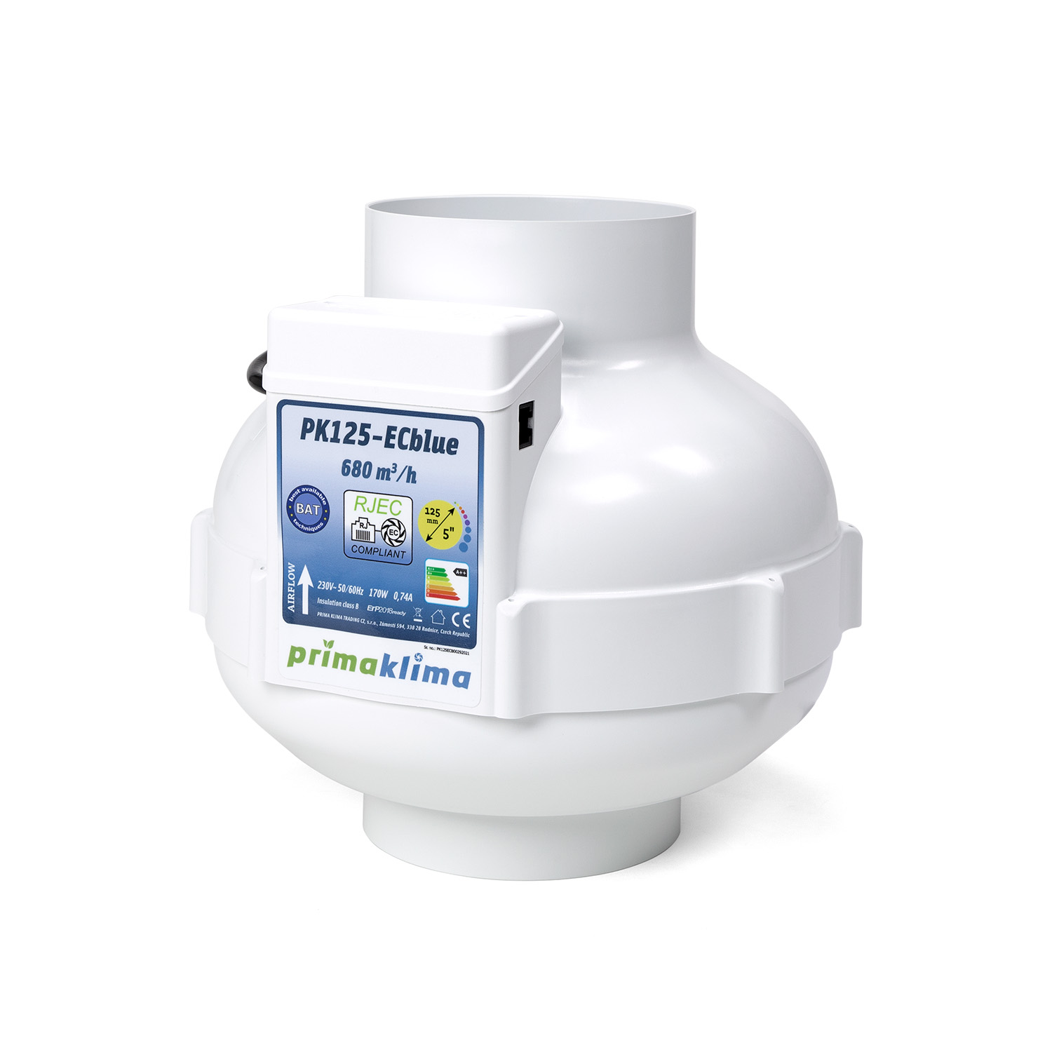 Ventilador en línea ECblue con motor EC ebm-papst e interfaz RJ45 para control externo. Boca de Ø125 mm, caudal máximo de 680 m³/h, potencia de 0 a 170 W y alimentación de 230 V, 50/60 Hz, 0,74 A.